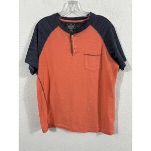 Company 81 Shirt Mens Large Orange Blue Henley Short Sleeve Pocket Raglan Casual
